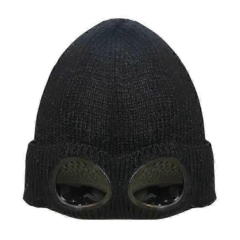 Black thermal knitted hat with goggles for skiing