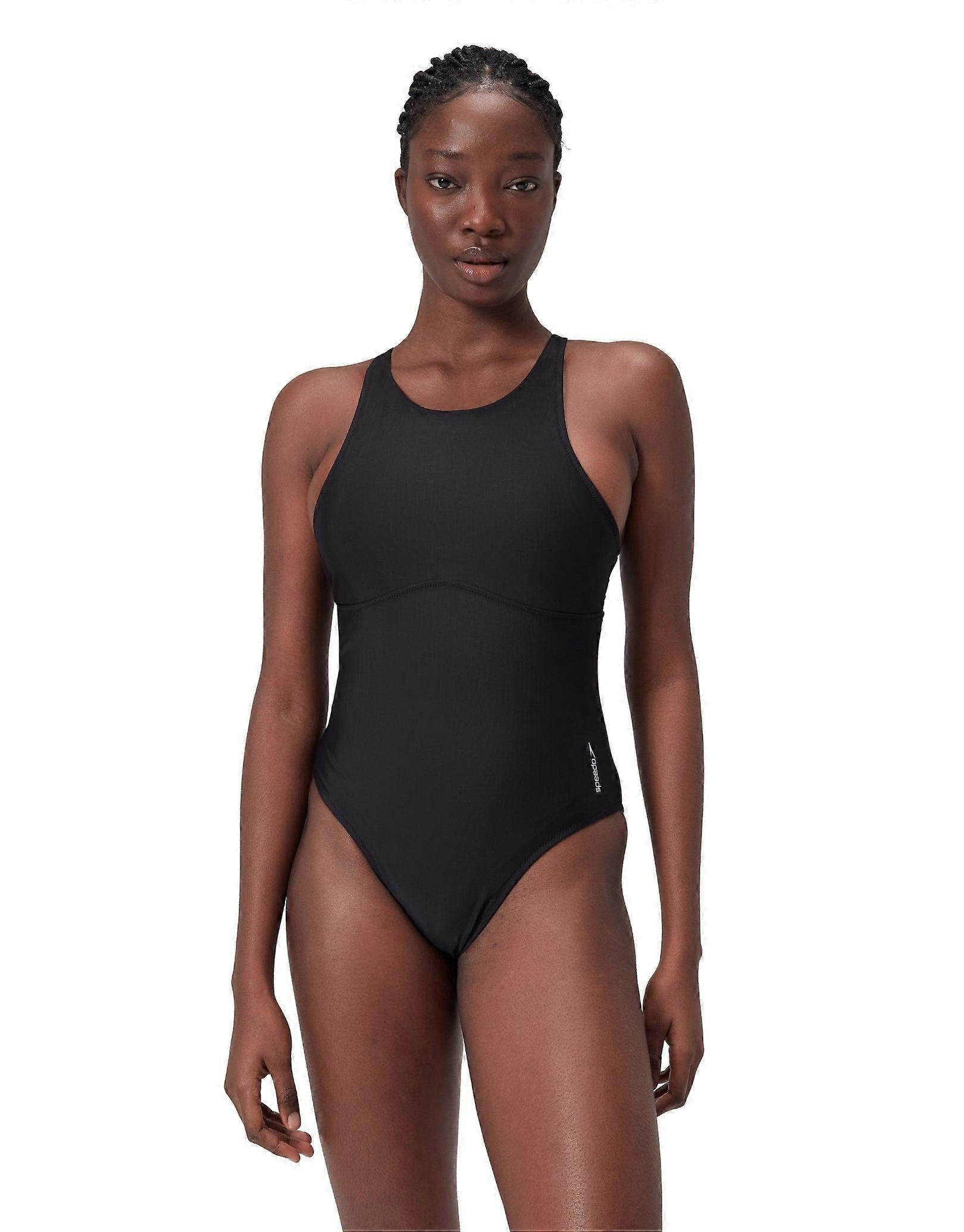 Speedo Solid Highneck Crossback Swimsuit - Dark Grey