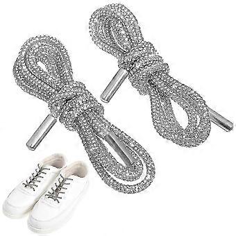 White Cotton Rhinestone Shoe Laces Decorative Replacement for Shoes, 2 Pcs