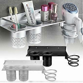 Wall Mount Hair Dryer Holder Rack - Space-Saving Bathroom Organizer with Cups & Durable Aluminum Design