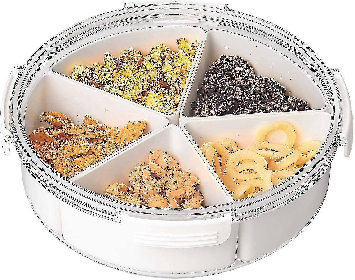 White Round Plastic Divided Serving Tray With Lids, 5 Containers