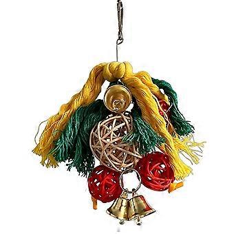 Weihnachtsspielzeug für Vögel mit Glöckchen und Seil im Papageienkäfig – Dekoration und Spielspaß für Papageien.