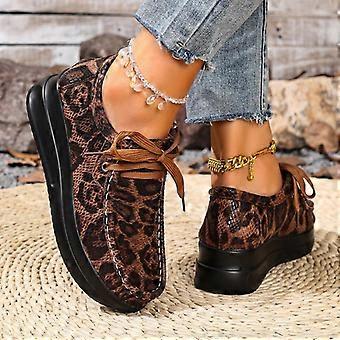 Sexy Leopard Lace Up Loafer Women 2025 Autumn Round Toe Chunky Platform Wedge Heel Casual Shoes Comfort Thick Bottom Sneakers