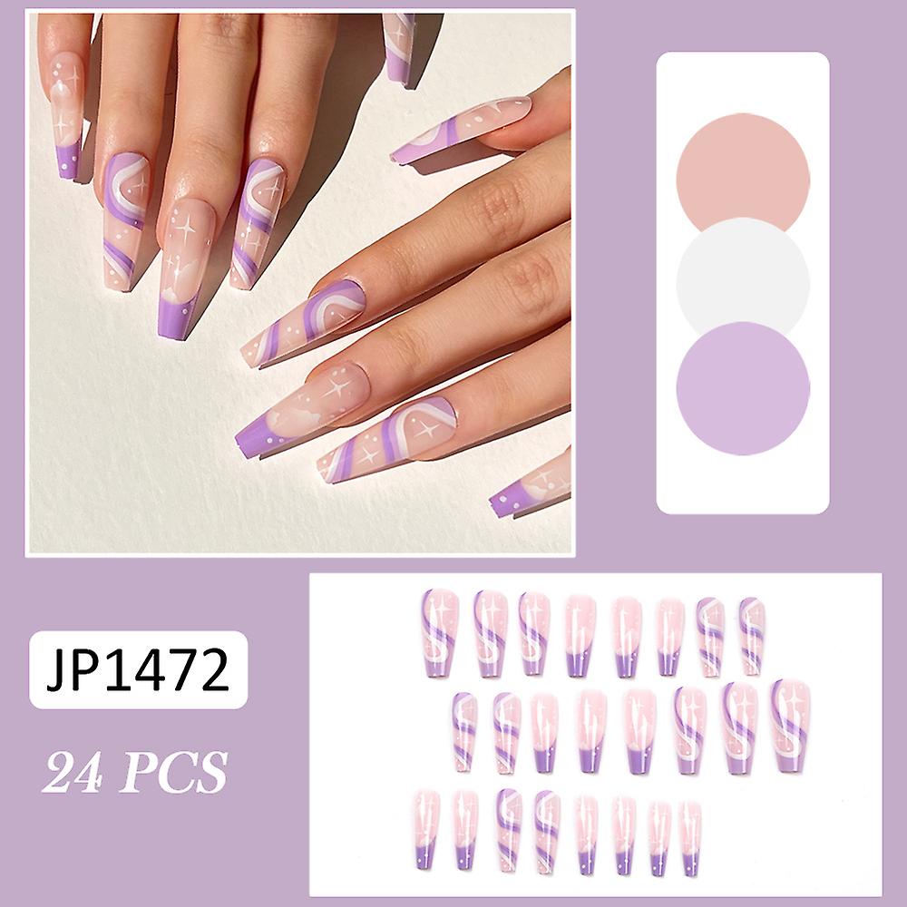 24pcs Glossy False Nails Purple Lines Long Ballet Nails