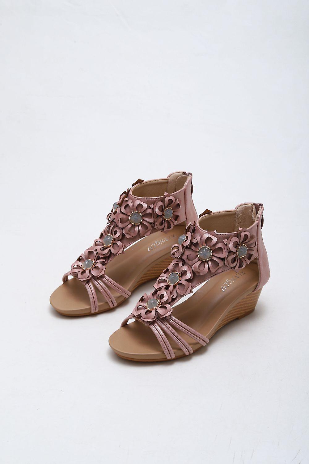 Ethnic Retro Sandals, Artificial Flowers Bohemian Wedge Romans