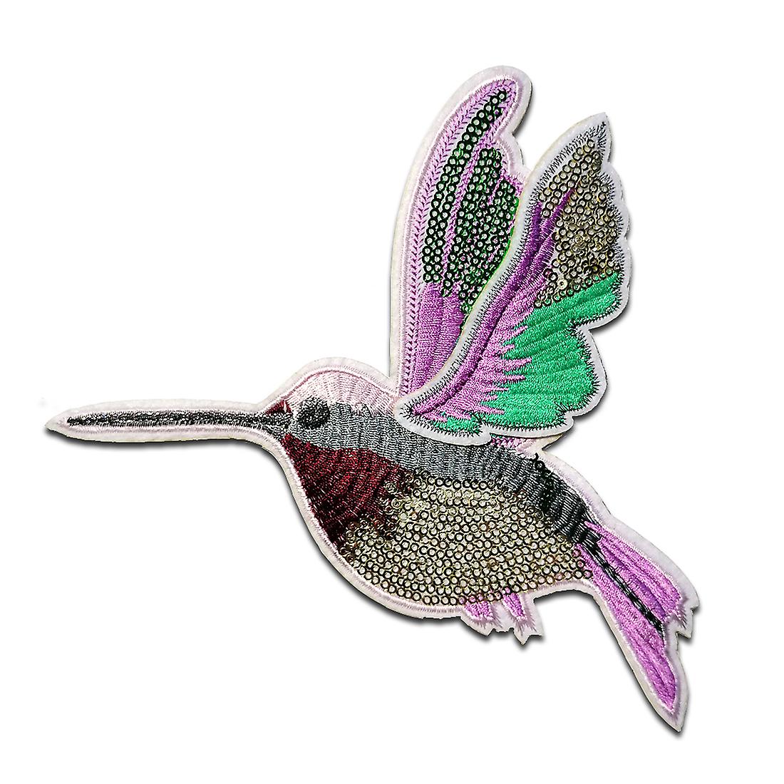Patch / iron-on patch - Bird hummingbird with sequins - colorful - 18.8x14.7cm - patch