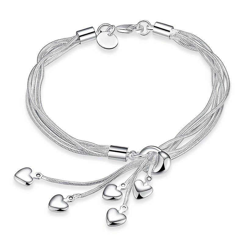 1pc, Silvery Plating Five-Line Chain With Five-Heart Bracelet Bangle For Women/Girls, Party Favors