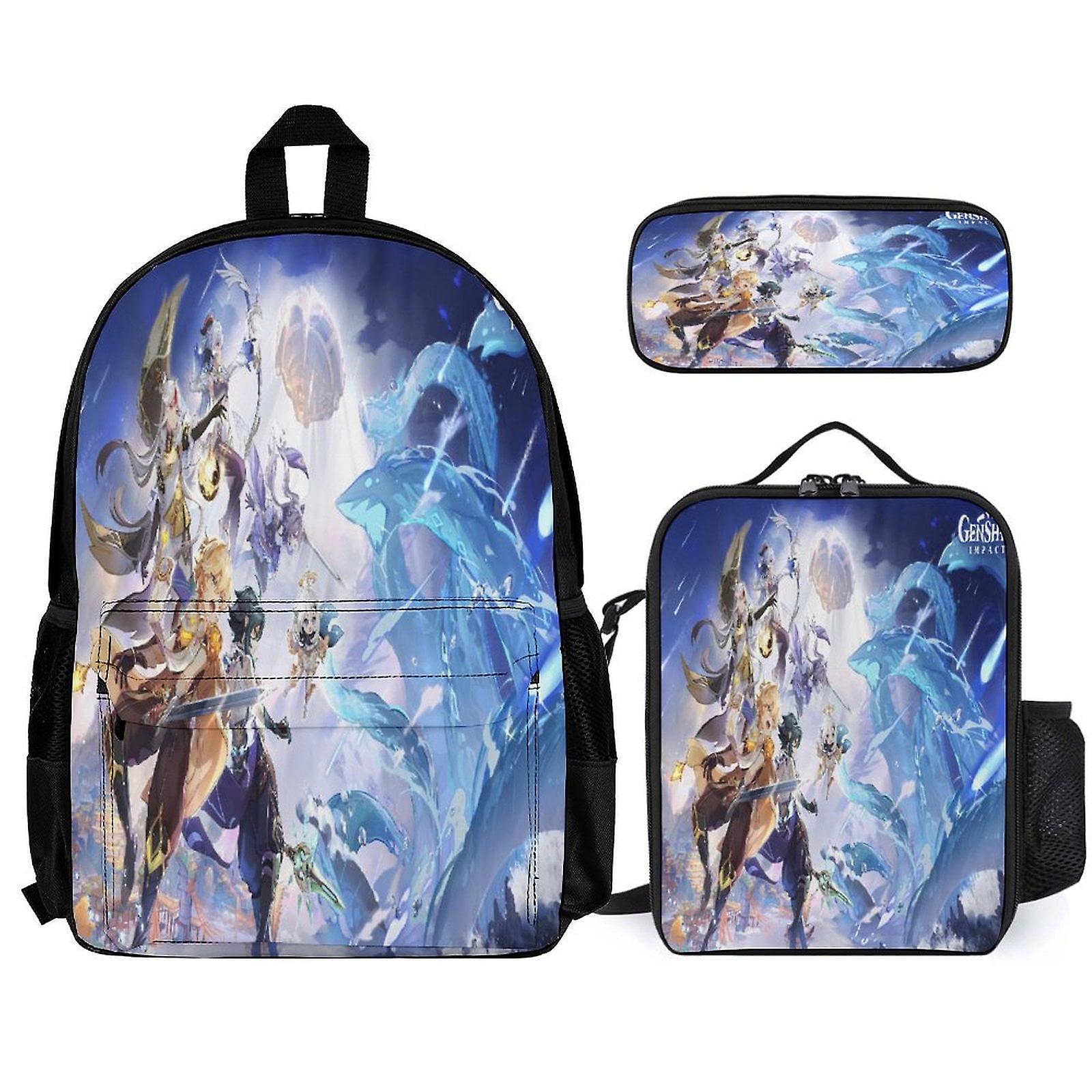 Genshin Impact Backpack 3 قطع مجموعة حقيبة ظهر للكمبيوتر المحمول مع مقلمة حقيبة غداء مختلطة