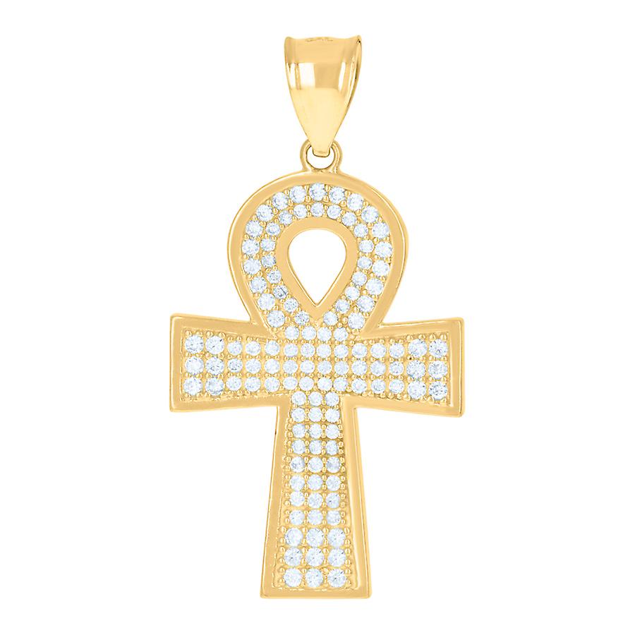 10k Yellow Gold Mens Cubic Zirconia Religious Ankh Cross Egyptian Charm Pendant 39x20mm Wide Necklace for Men