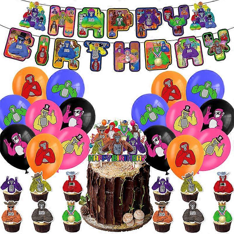 Gorilla Tag themed birthday party decorations Gorilla game flag cake with balloons and spiral arrangement