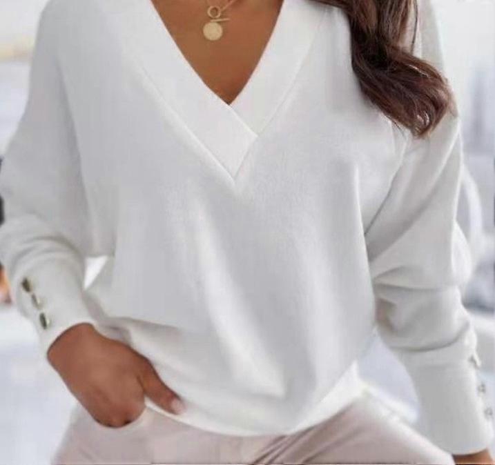 2024 New Women's Cuff Button Top Solid Color V-neck Knitted Sweater M167