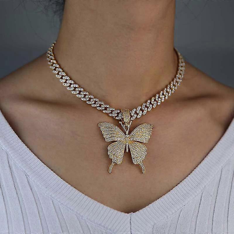 Sparking Fully Crystal Pave Butterfly Pendant Cuban Chain Cubic Charm Tennis Chain