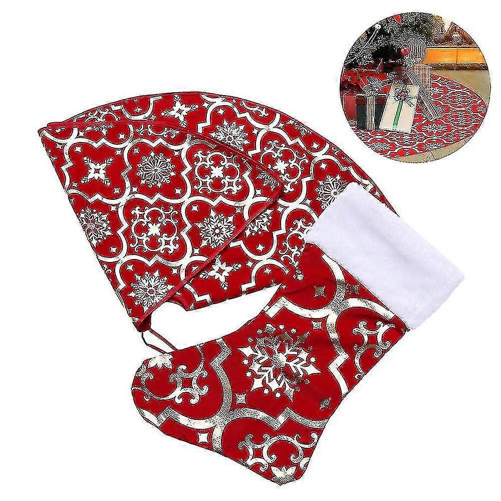 Snowflake Christmas Tree Skirt Large Xmas Tree Skirts With Merry Christmas Stocking For Happy New Year Party Holiday(1sets-red)