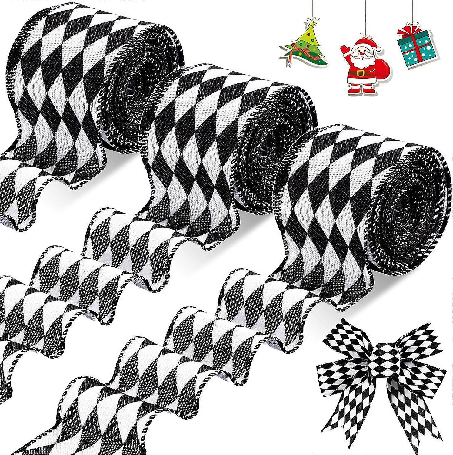 3 Rolls 15 Yards Black White Harlequin Ribbon Checkered Wired Ribbon Decorative Ribbons for Xmas Fall Tree Wrapping Wreath Bouquet Crafts(6.3cm Wide)