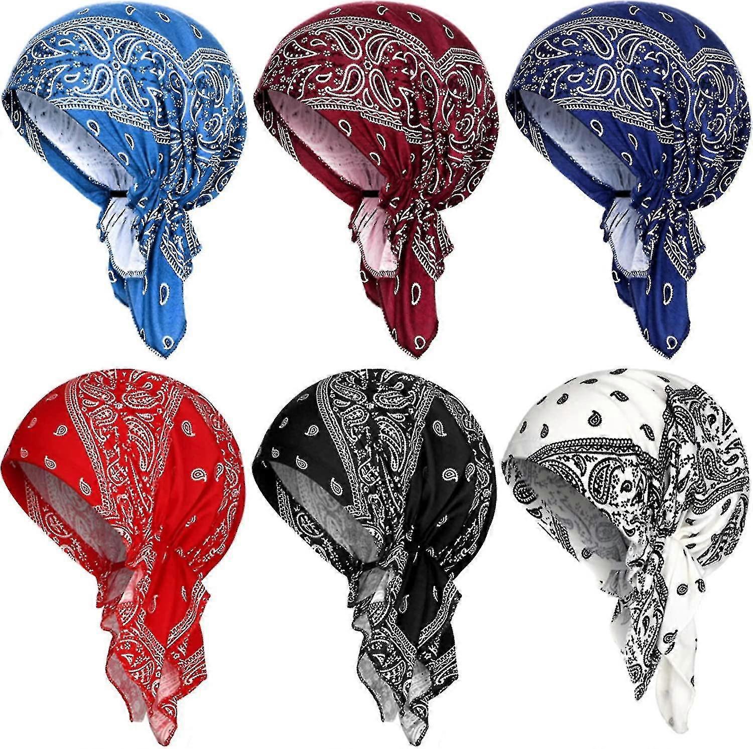 6件女士棉质化疗帽头巾帽子，预先打好的头巾头饰围巾帽子弹力睡眠头巾帽
