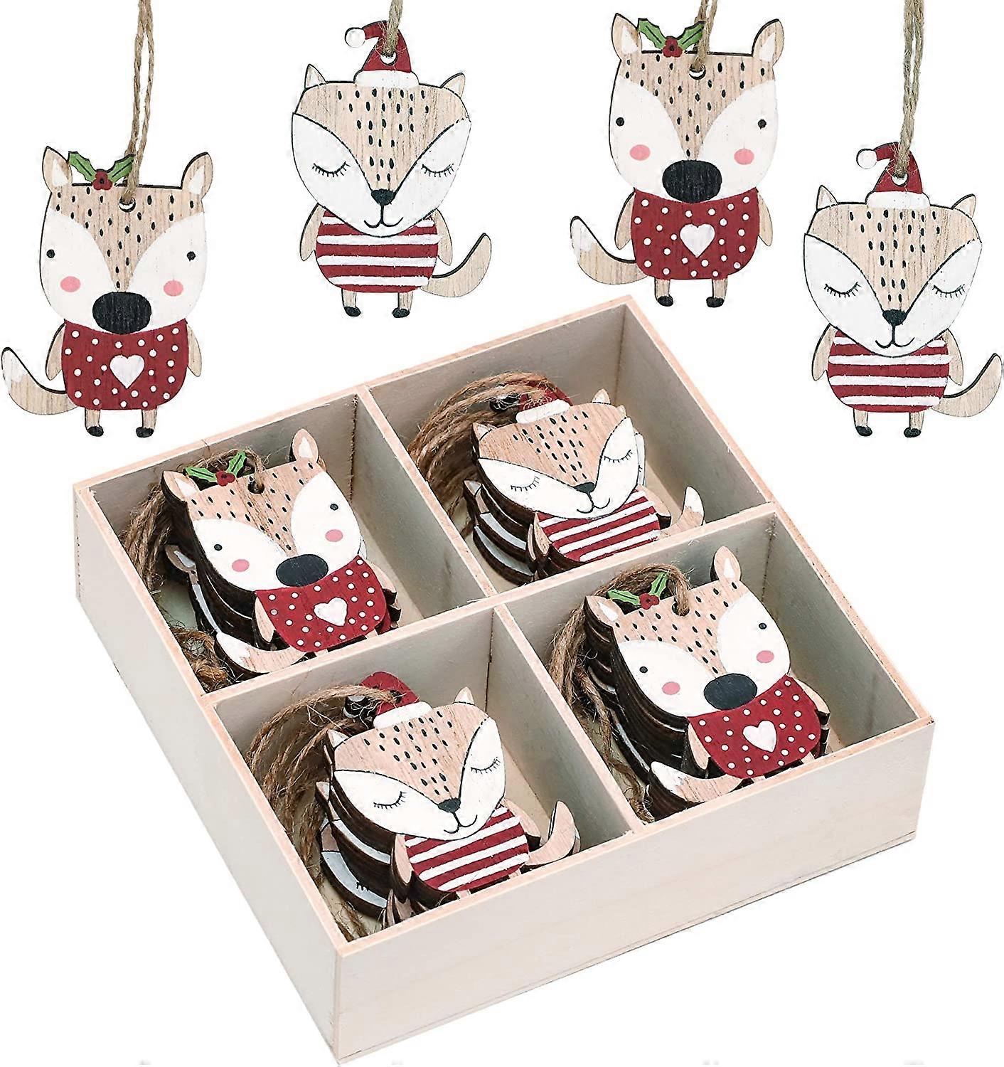 24pcs 6cm Wooden Christmas Tree Decorations, Fox Shape Hanging Pendants, Red White Christmas Tree Ornament Accessories, Wooden Craft Gift Tag with Rop