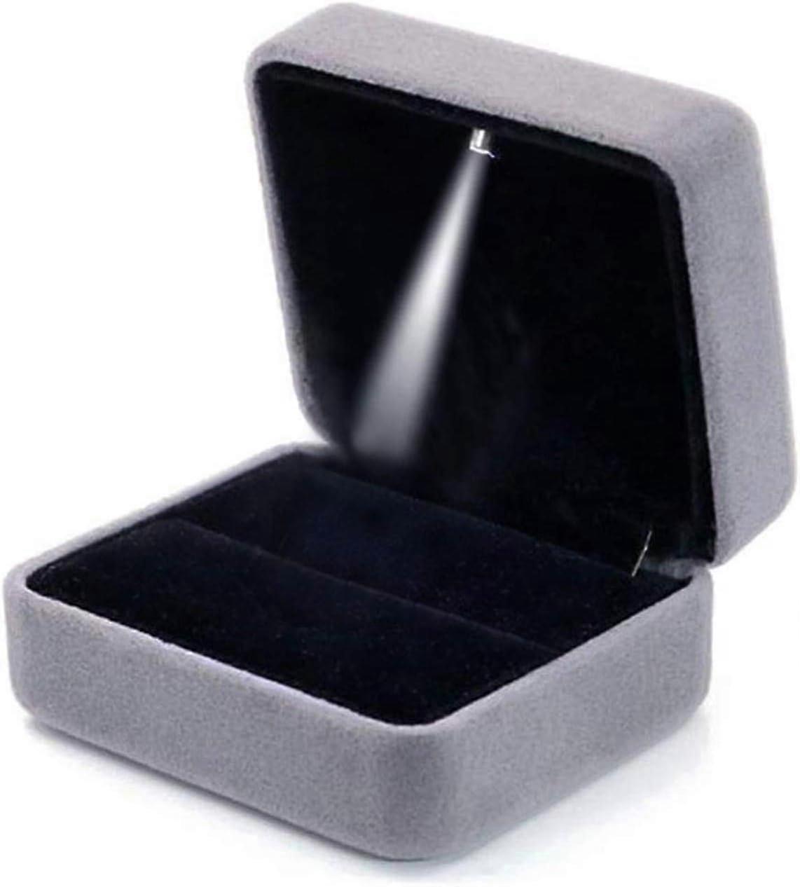 (Gray))Velvet Ring Box with LED Light Ring Box for Wedding, Proposal, Engagement