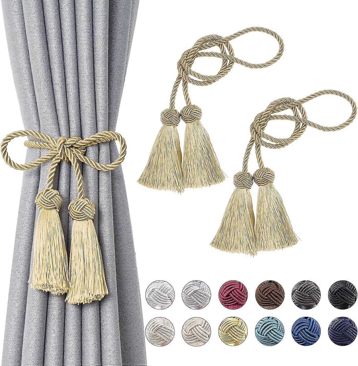 2 Pack Double-ended Tassel Curtain Tiebacks Handmade Braided Rope Knot Drape Tie Backs European Style Decorative Curtain (Gold)