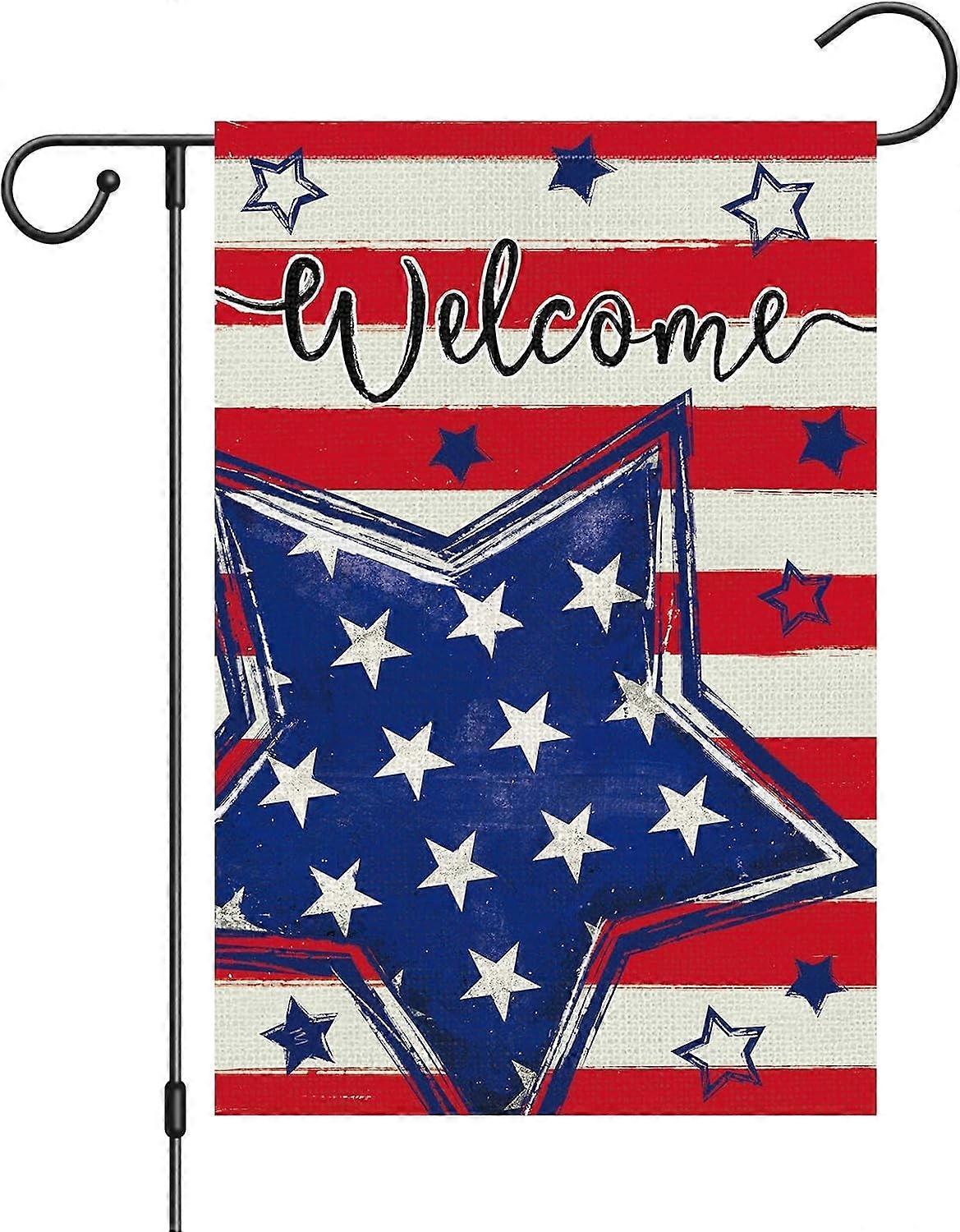 7月4日ガーデンフラッグ28x40インチ両面、黄麻布アメリカの星条旗愛国心を歓迎します