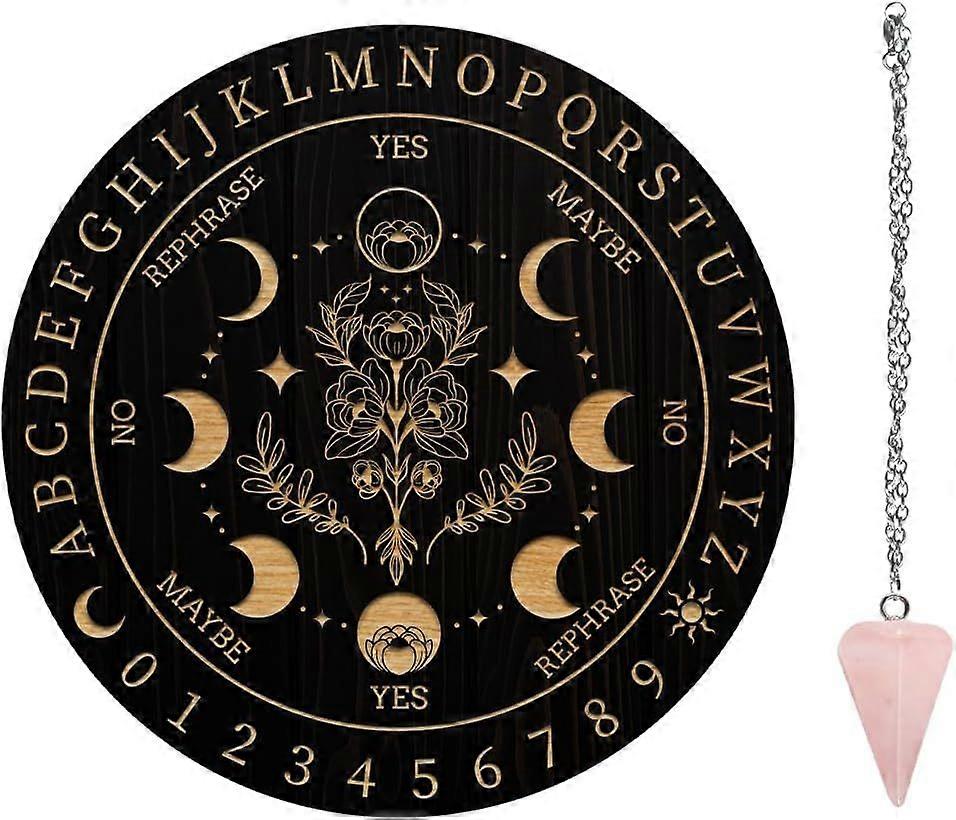 7.8" Witch Pendulum Board Wooden Dowsing Planchette with Rose Quartz Crystal Dowsing Pendulums Witchcraft Divination Tools for Spirit Altar Decoration