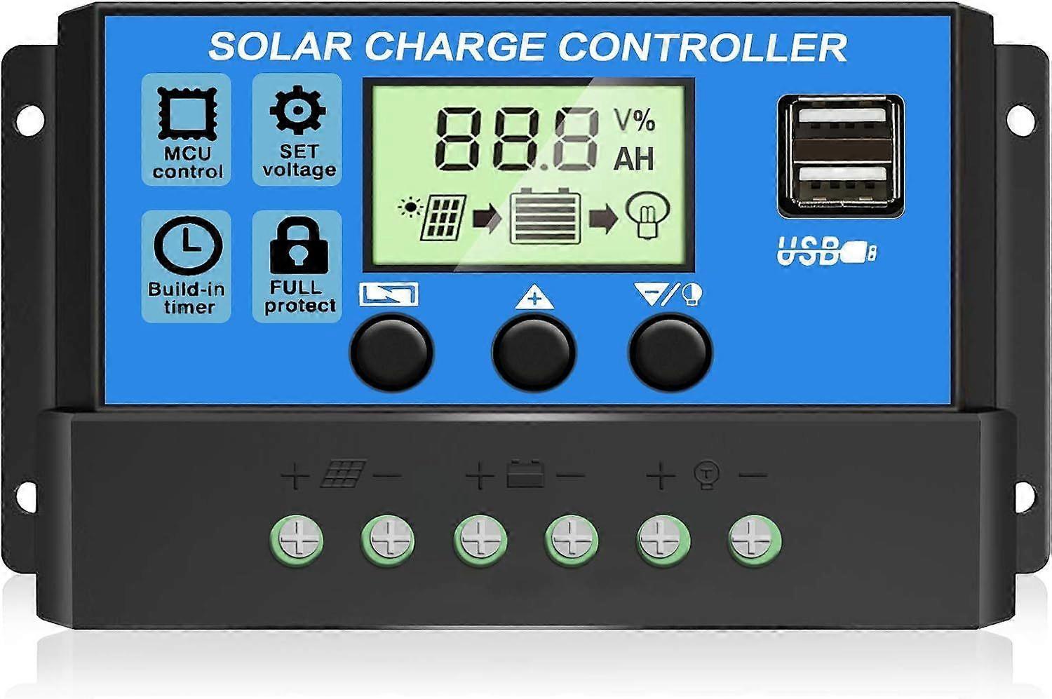 30A PWM-Solarladeregler, 12V / 24V Solarpanel-Regler mit einstellbarem LCD-Display, Dual-USB-Anschluss, Timer-Einstellung, automatische Einstellung (blau)
