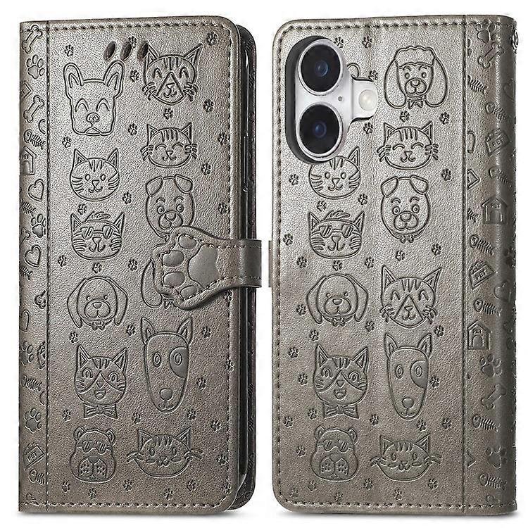 Compatible For iPhone 16 Plus Case Leather Wallet Flip Phone Cover Cute Cat Dog Pattern