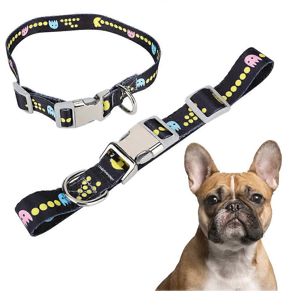 Adjustable Pet Dog Collar with Pac-Man Print for Small Medium Large Dogs - Durable Nylon Material, Stylish Design