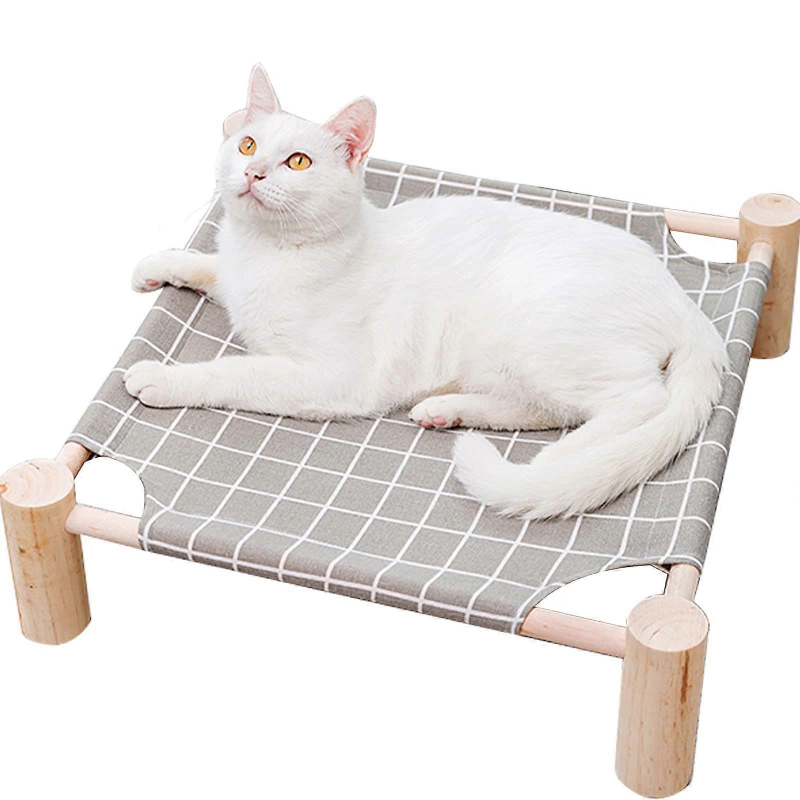 Cat Dog Bed Hammock - Wooden Elevated Pet Bed for Small Animals, Breathable Mesh, Gray Color, Indoor Use