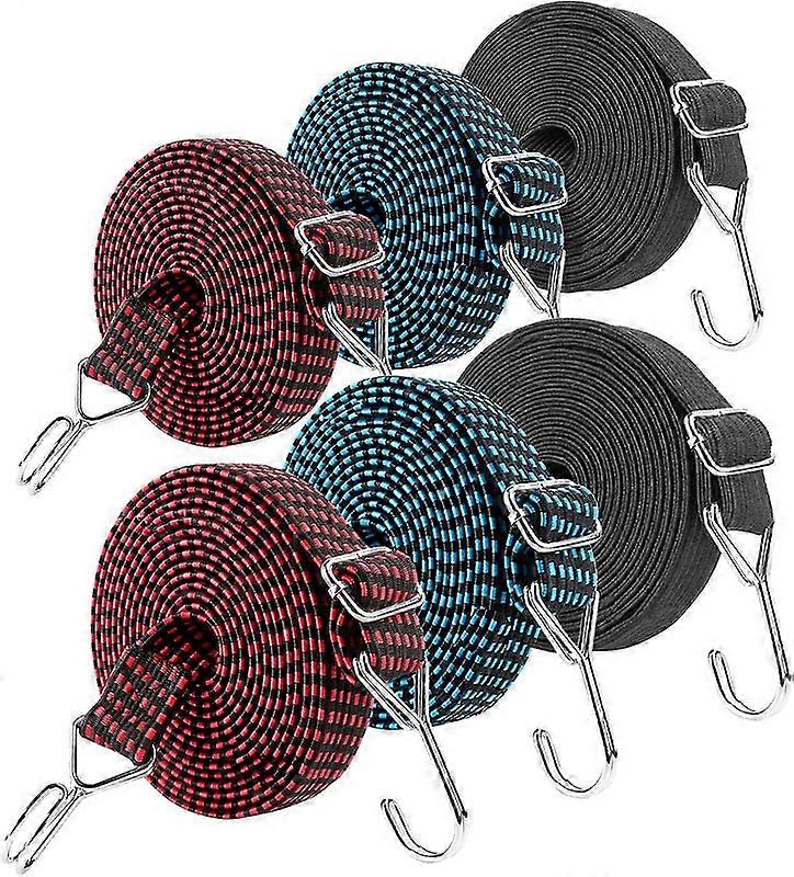 Pack of 6 Elastic Straps with Hooks, Adjustable Luggage Straps, 2m Long, 200kg Traction, Flat Rubber Cord, Elastic Straps--