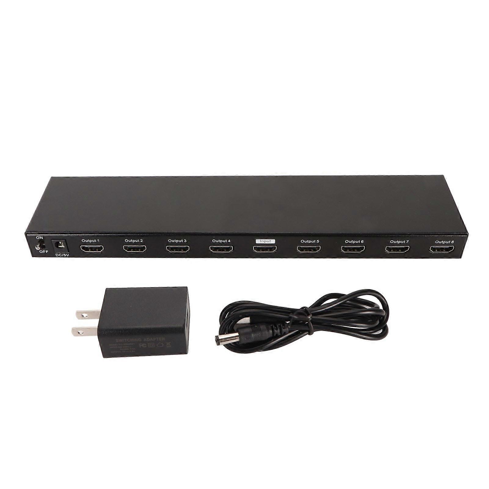 1x8 HD 4K 30Hz 3D 1 in 8 Out HD Multimedia Interface Splitter for TV Projector 100‑240V US Plug