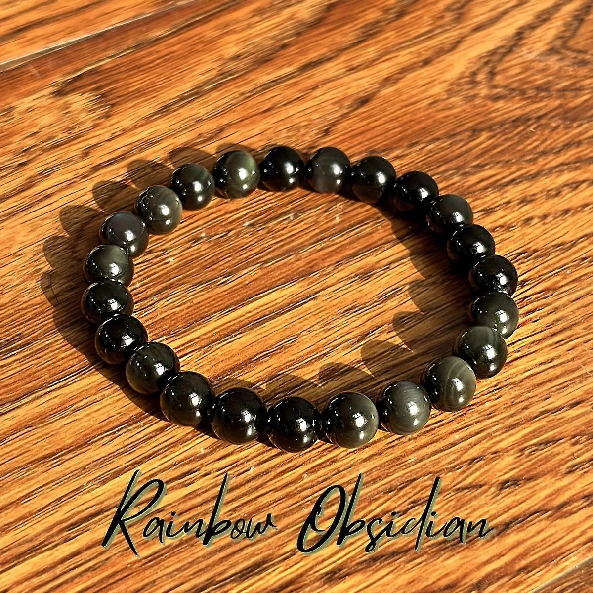 レインボーラスターオブシディアンブレスレット8mmナチュラルレインボーオブシディアン手作りビーズはルートチャクラIを刺激します