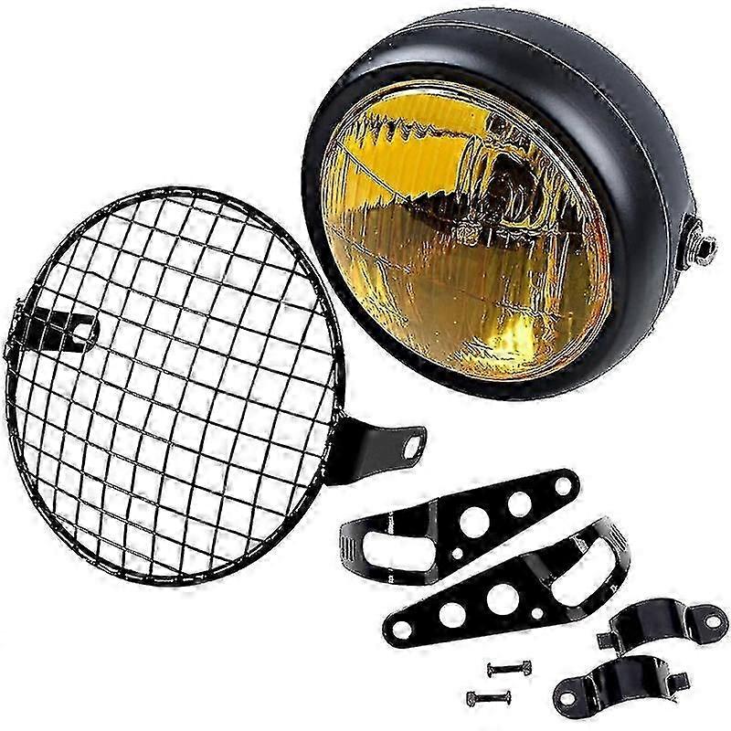 Retro Vintage Motorcycle Universal Side Mount 35W 6.5 inch Amber Headlight Caf with Grille + Brack
