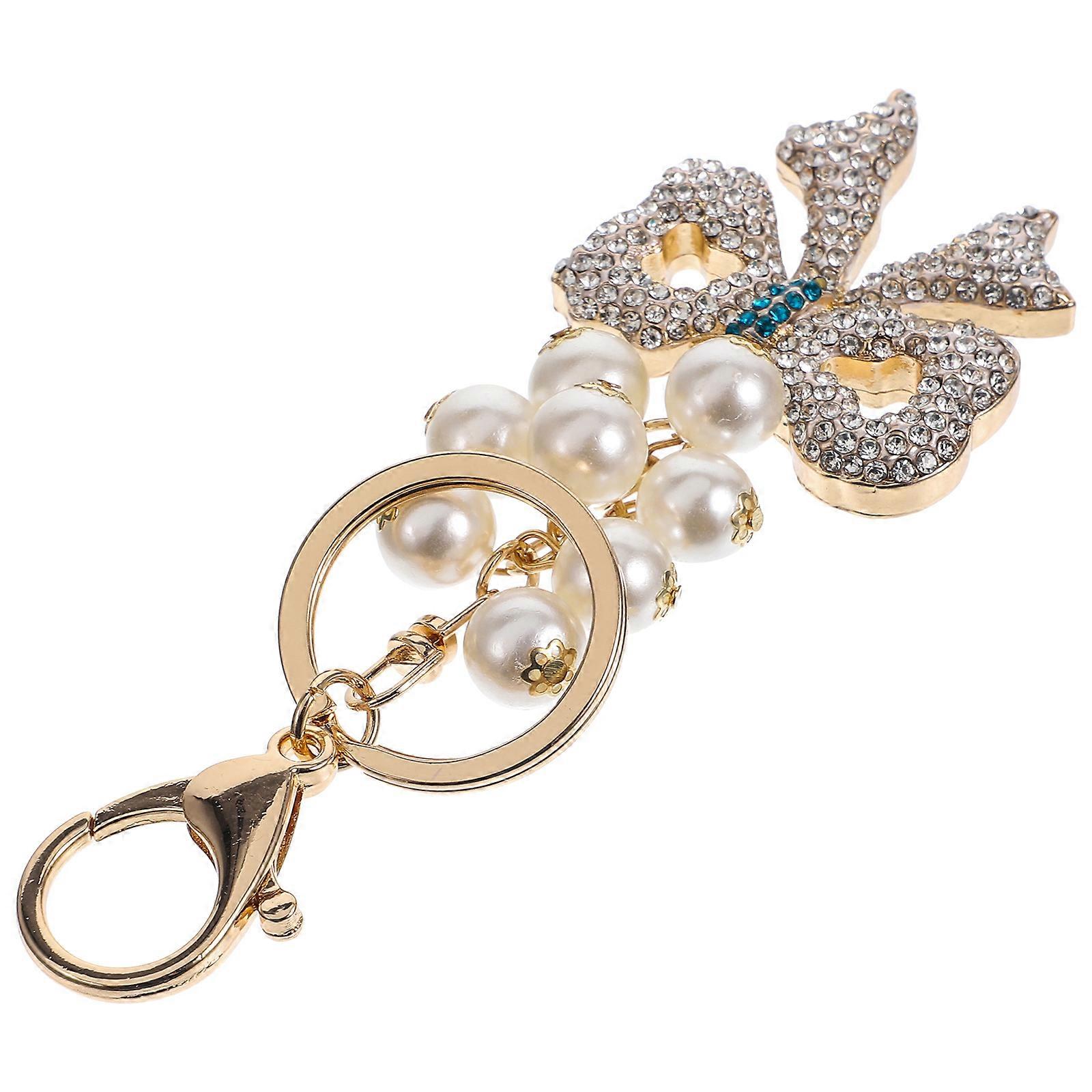 Jewelry Keychain Bowknot Shape Key Chain Delicate Key Ring for Backpack Blue Imitation Pearl Decorative 1Set