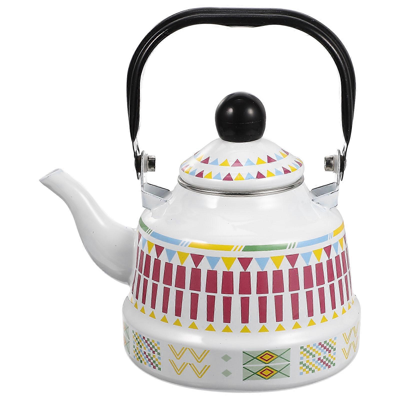 Enamel Tea Pot Stovetop Kettle with Heat Resistant Spout, Non Toxic Coffee and Tea Kettle for Daily Use, Pink Geometric Design Household Accessory