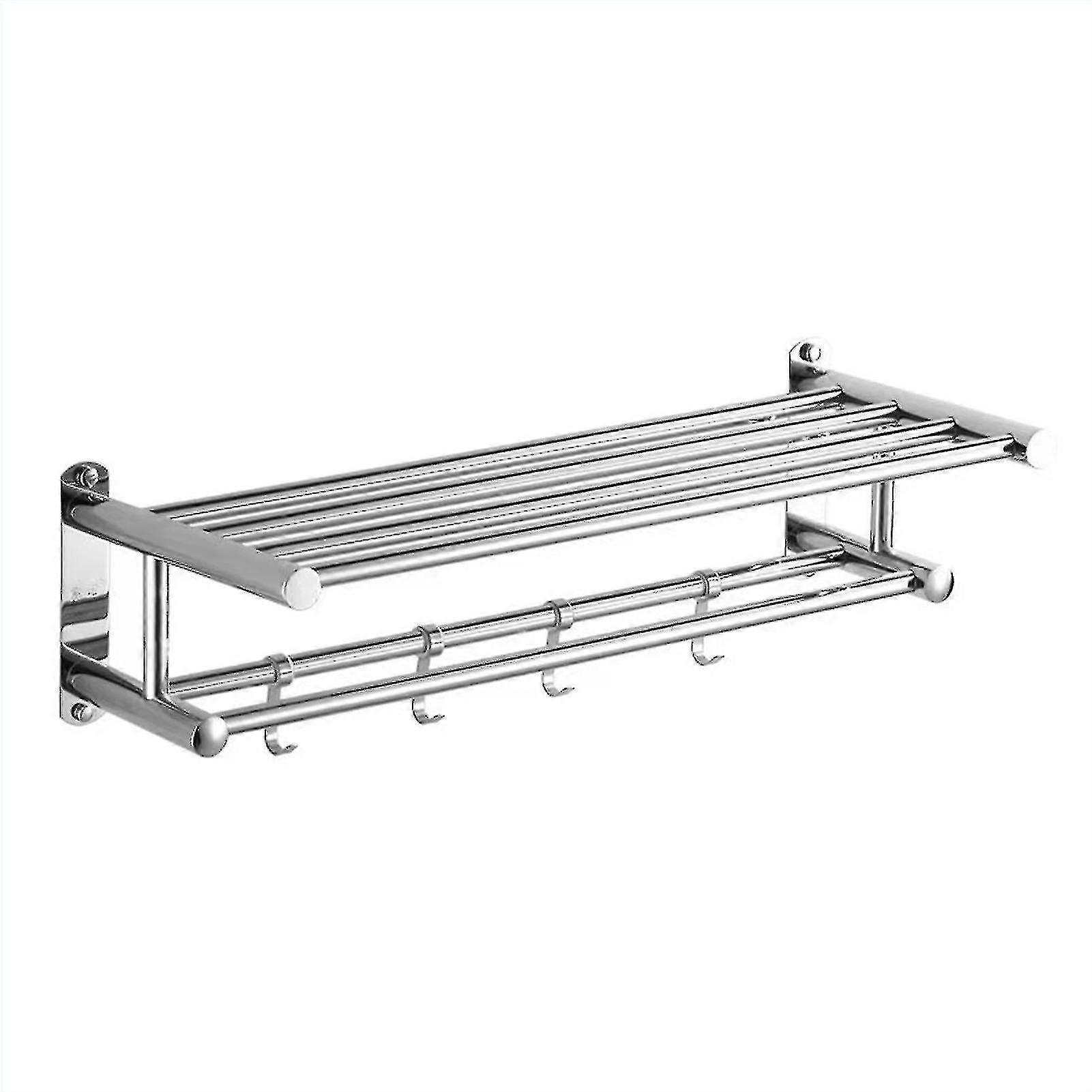 Double Layer Wall Mounted Bathroom Shelf w/ 4 Hooks 20in Stainless Steel Towel Rack
