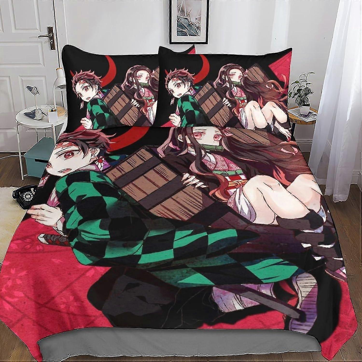 Conjunto de cama 3D inspirado em Demon Slayer Capa de colcha de anime de microfibra macia com fronhas, conjunto de capa de edredom de 3 peças