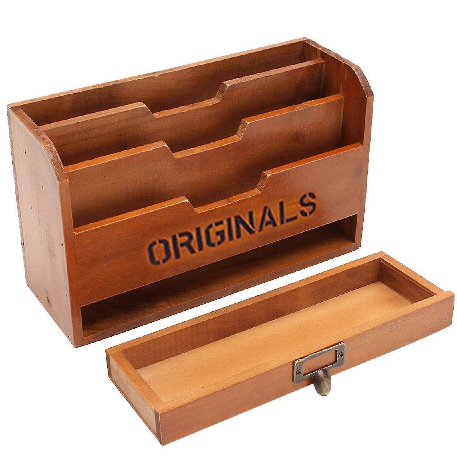 Wooden Document Organiser - Rustic Wall Sorting Stand with 3 Grids and Drawers for Home Office and Bedroom Storage