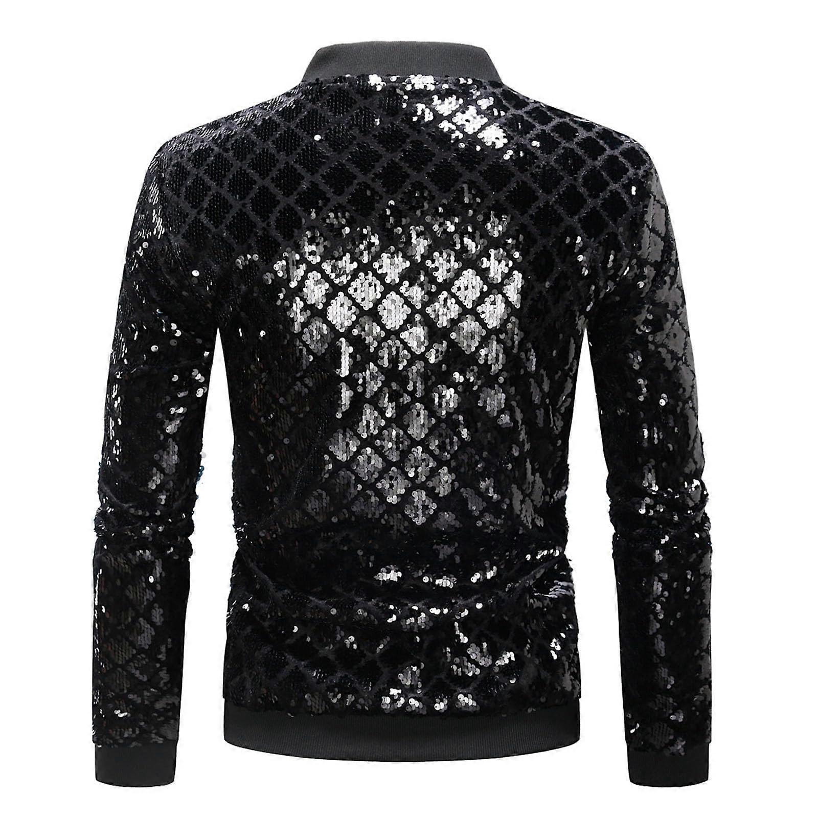 Men's Long Sleeve Metallic Shiny Jacket with Zip Sequins Black