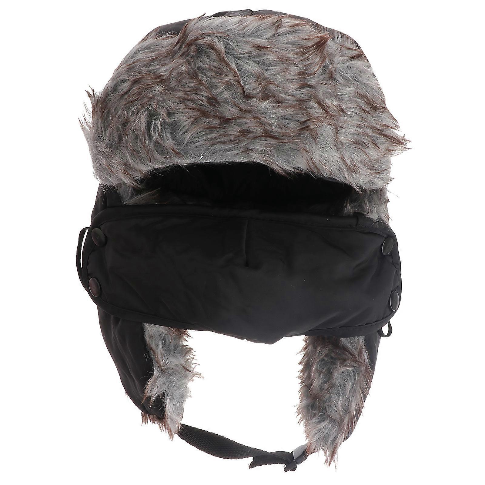 Winter Cap for Middleaged Men's Black Plush Artificial Warm Hat with Adjustable Buckle