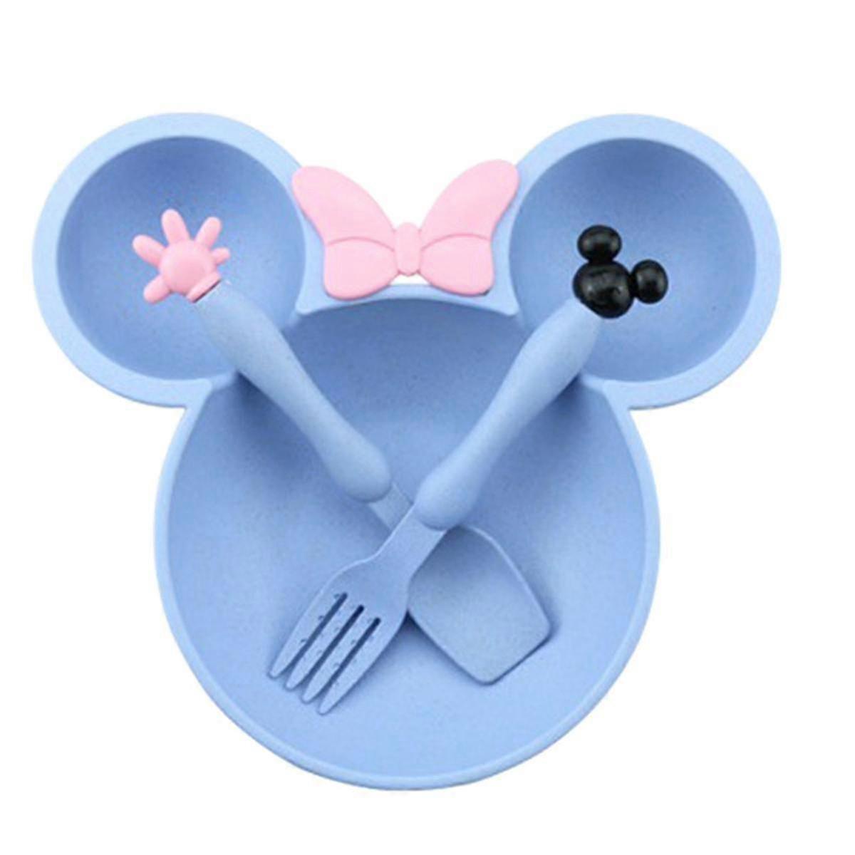 Cartoon Bowl Tableware Set: Blue Straw Dishes, Bowknot Dinner Plates with Spoon & Fork for Kids Mealtime Fun