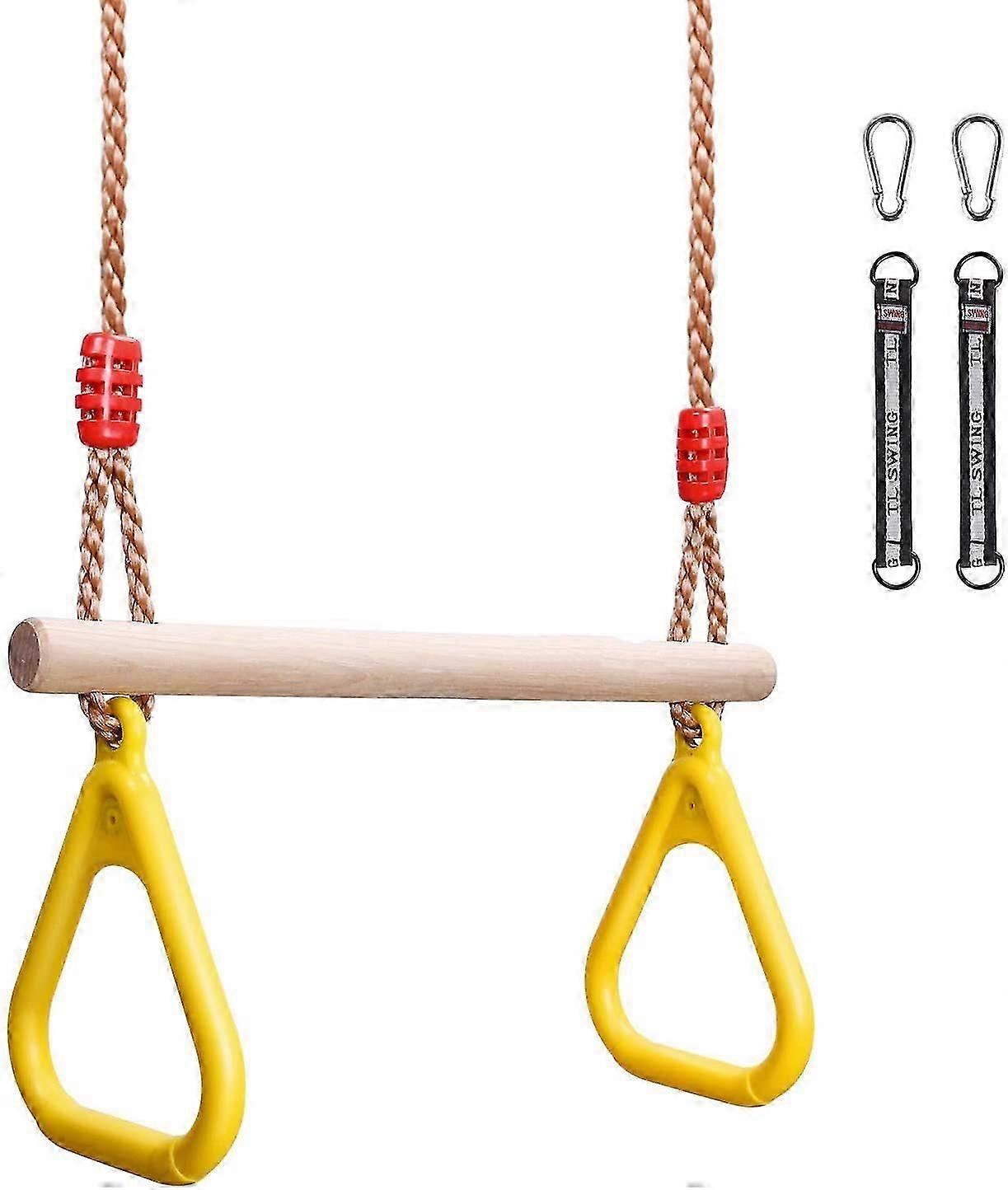 Trapezoidal multi-function swing children's wood with plastic gymnastic rings for hanging up to a load of 120KG