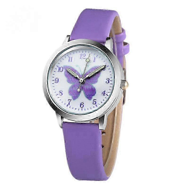 Girls Cute Butterfly Cartoon Quartz Watch Student Watch Purple Leather Strap Luminous Hands