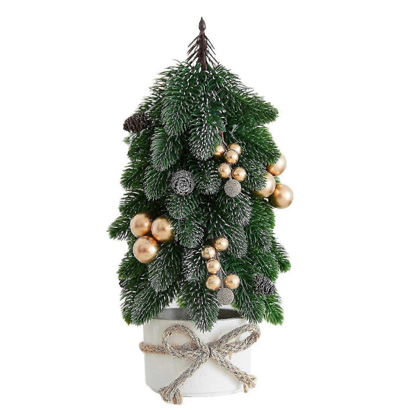 Mini Potted Artificial Xmas Tree with Holiday Ornaments for Bookshelf Mantelpiece