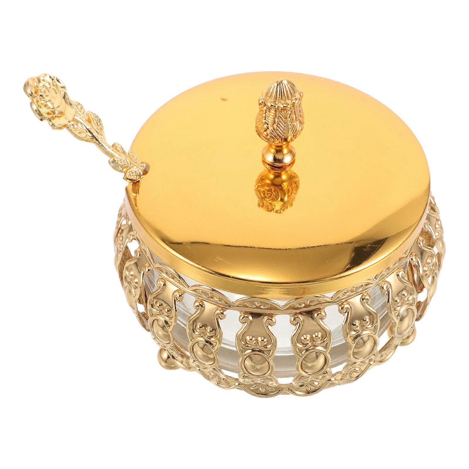 4Set Sugar Bowl With Spoon Kitchen Decorative Airtight Seal Glass Storage Container For Seasoning Dispensing Golden