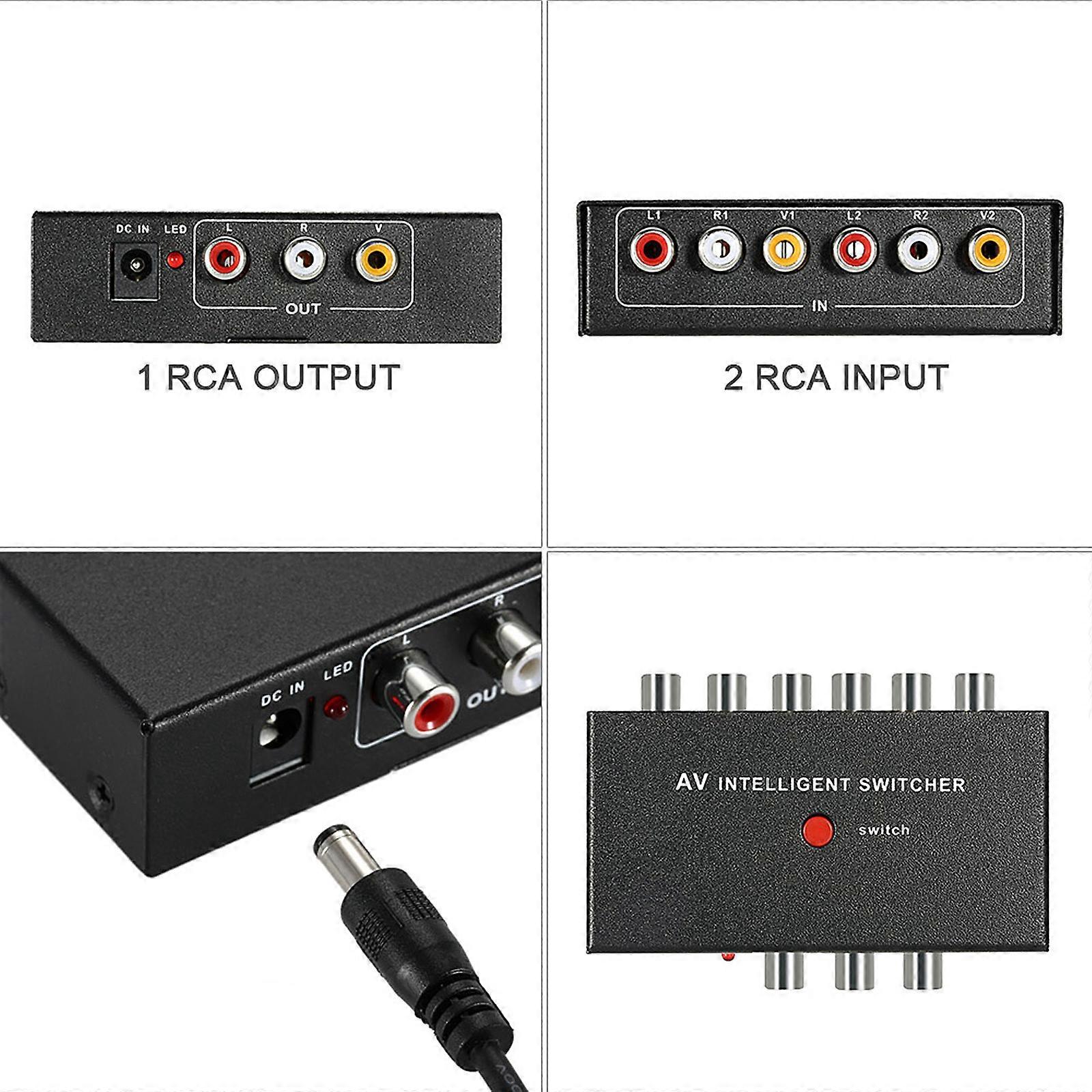 2 to 1 Channel Portable AV Intelligent Switcher RCA Audio Video Converter with Button Control Auto Manual for DVD Camera Car DVR Monitor