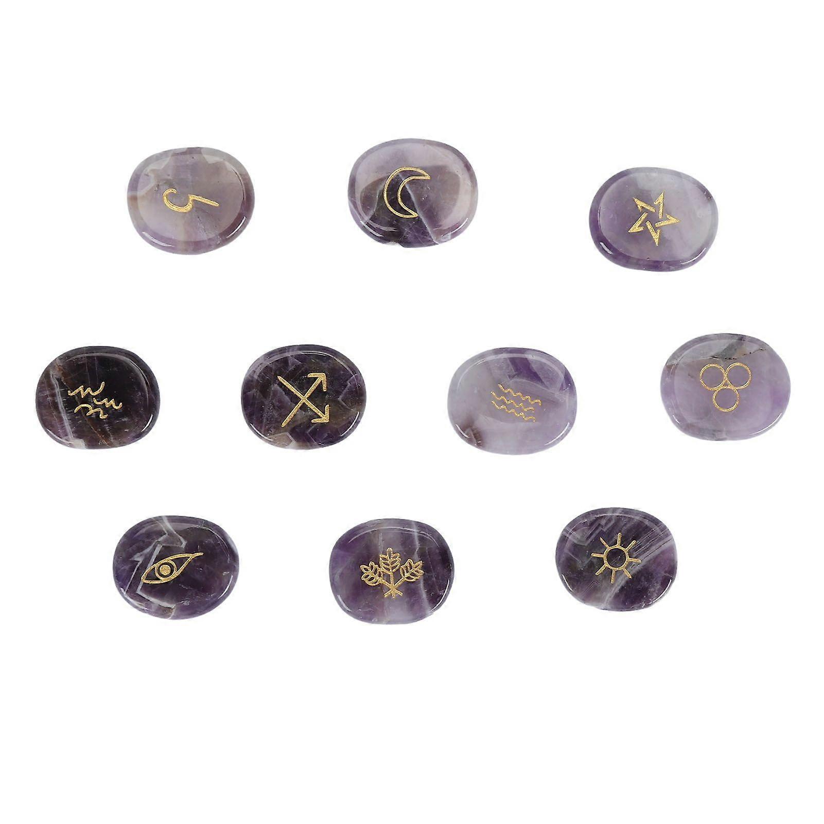 10pcs Rune Stones Set Multipurpose Polished Healing Witches Runes Set with Engraved Gypsy Symbol for Meditation Divination Amethyst