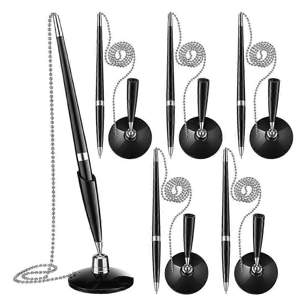 6 Pieces Secure Pen with Chain Security Pen Holder Counter with Adhesive Chain and Base Black Ink f