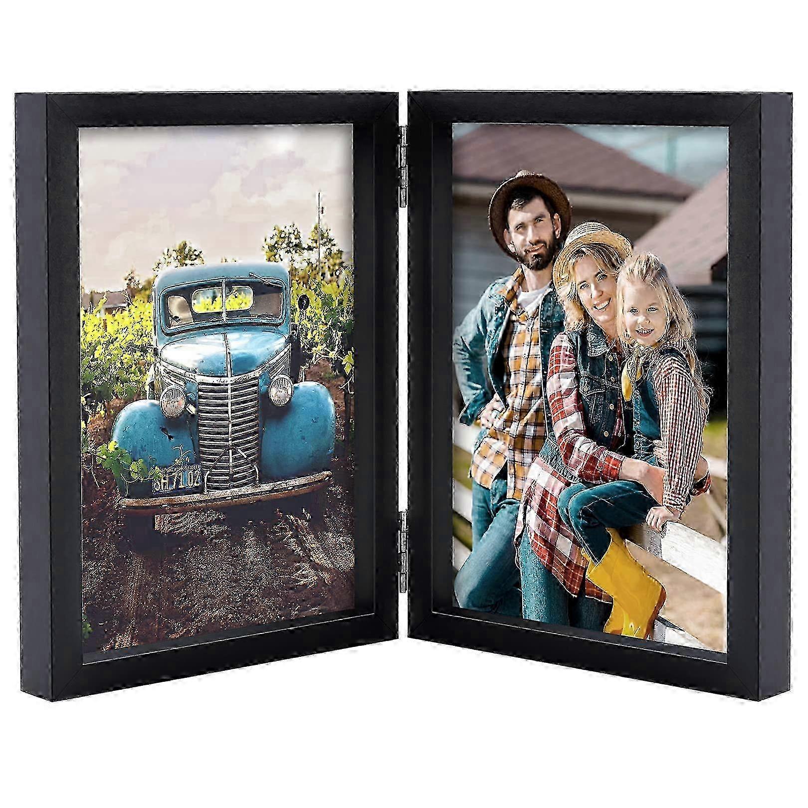 5 Frames Double Hinged Wood Folding Vertical Picture Frames with Real Glass Front Black 5x7 miao8