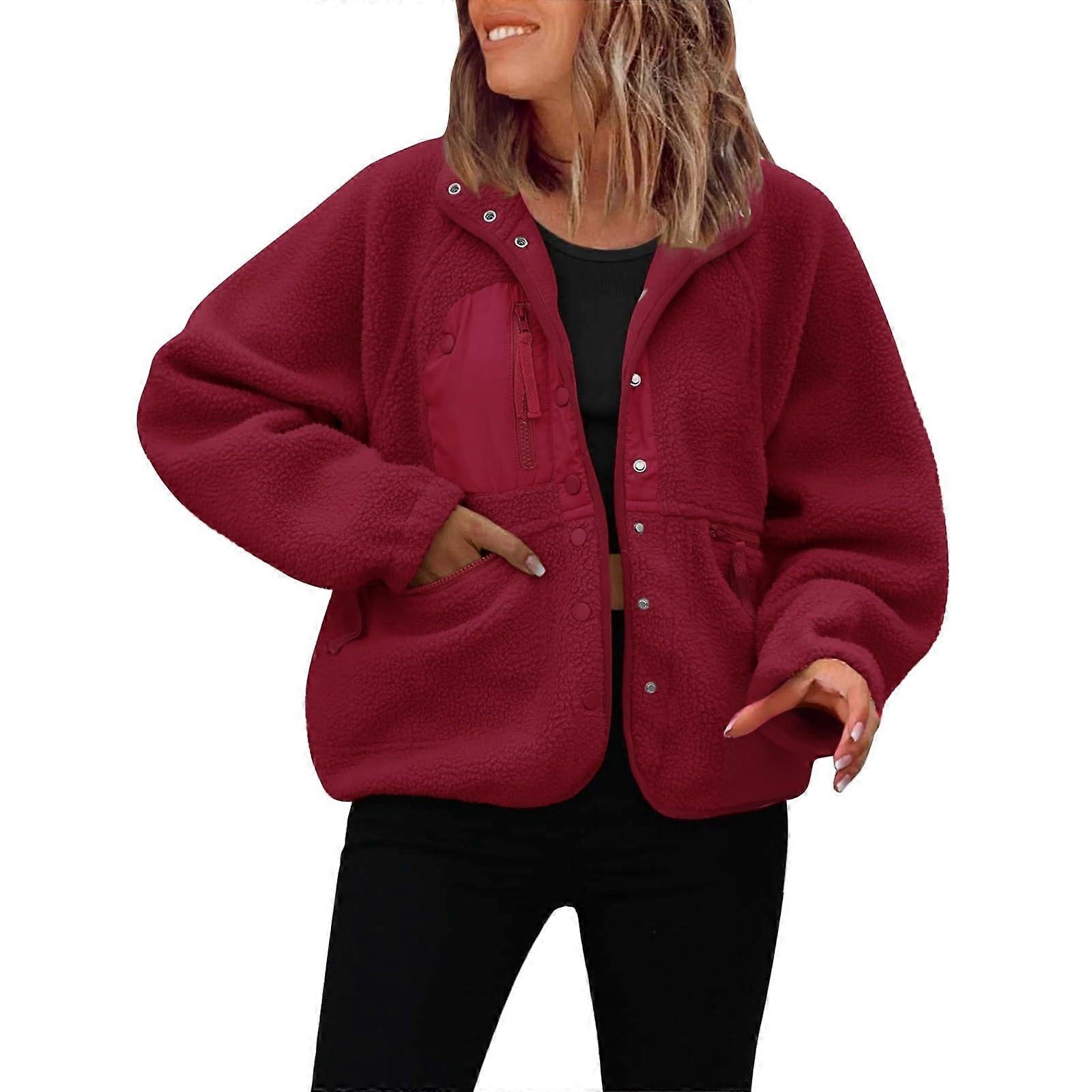 Womens Fleece Jacket Fuzzy Long Sleeve Short Winter Coats Button Down Sherpa Jacket Outerwear with Pockets  Burgundy XL