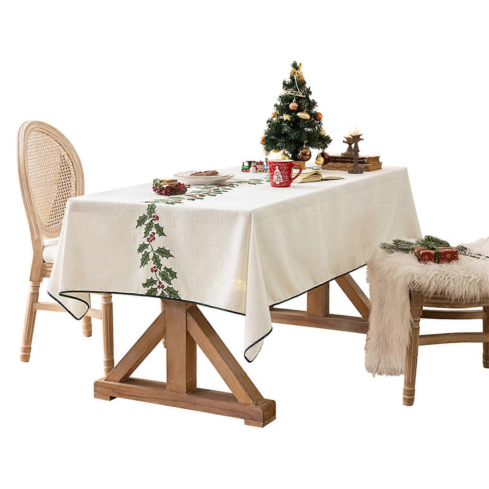 Polyester Linen Christmas Tablecloth Embroidered Edging for Family Gatherings Multicolor
